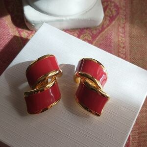 Red Enamel Gold-Tone Twist Clip-On Earrings - Women Jewelry